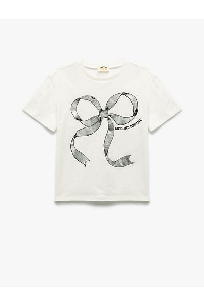 Koton Cotton Bow Printed Crew Neck Short Sleeve T-Shirt
