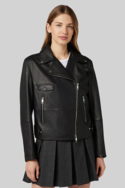 BOSS Kadın Deri Motorcu Ceketi Siyah