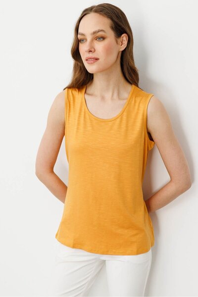 Desen Triko Kadın Sıfır Yaka Flamlı Kumaş Basic Askılı Tshirt Hardal