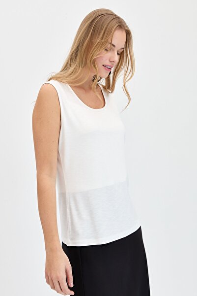 Desen Triko Women's Crew Neck Flared Fabric Basic Strap T-Shirt Ecru