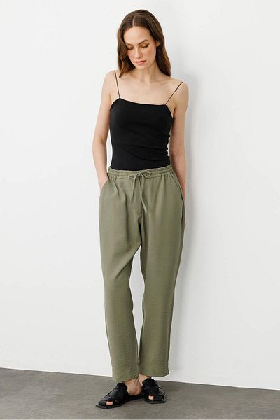 Desen Triko Women's Elastic Waist Linen Trousers Khaki