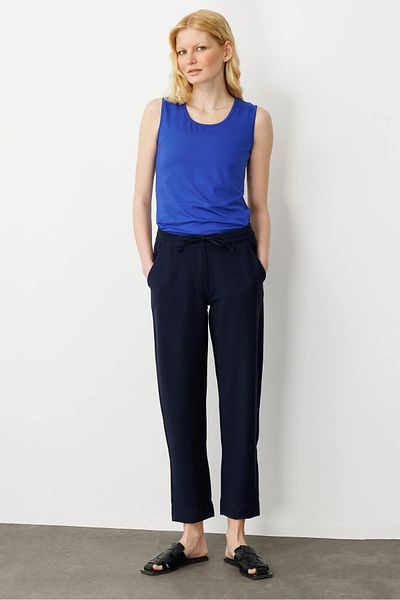 Desen Triko Women's Elastic Waist Linen Trousers Navy Blue