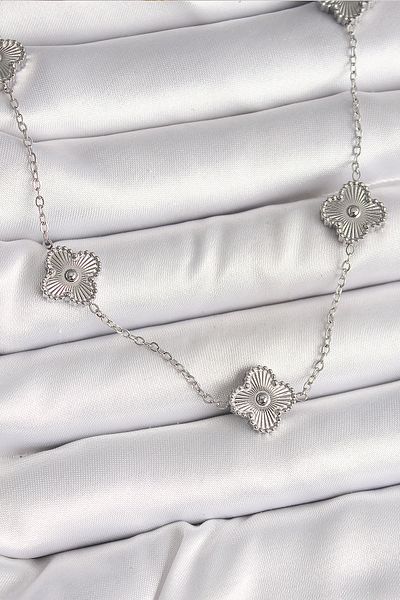 STİLLOVE 316L Steel Silver Color Chain Embroidered Clover Model Women's Necklace Sl10889