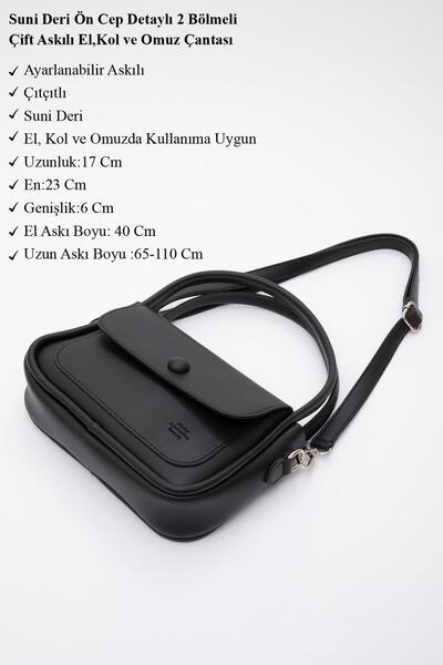 TENA Women's Black Front Pocket Detailed 2 Compartment Adjustable Strap Hand, Arm and Shoulder Bag Stn-Black