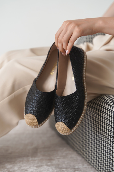 Moda Değirmeni Black Snake Patterned Women's Straw Toe Daily Ballerinas Md1010-111-0001