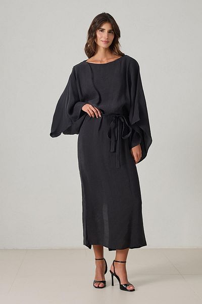 Setre Black Collar and Sleeve Detailed Dress with Waist Tie Detail