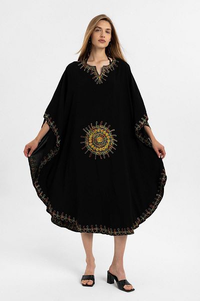 Deriderim Rochie scurtă caftan din bumbac de vară cu broderie neagră - mânecă liliac