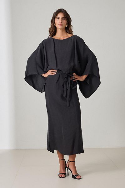 Setre Black Collar and Sleeve Detailed Dress with Waist Tie Detail