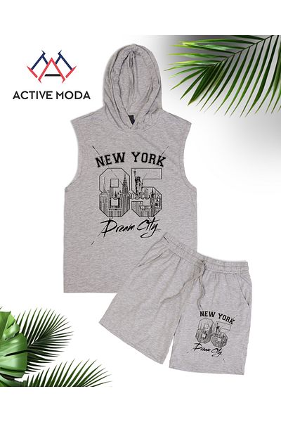 ACTIVE MODA - Men's Ny Printed Sleeveless Sports Singlet-Shorts Set 2 Pieces Cotton Oversized Large Size