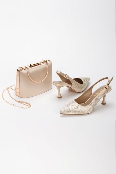AYDOĞDU by ünal Stylish Women's Heeled and Bag Set with Stones - 5003