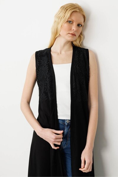 Desen Triko Women's V-Neck Lace Fabric Vest Black