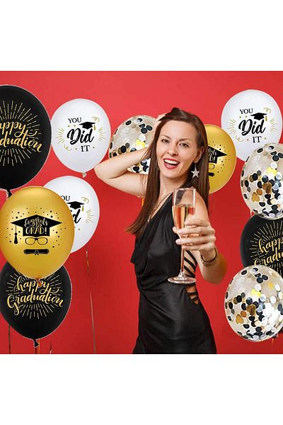 Flippy Baloane Pentru Absolvire Party, , Set 10 Baloane Din Latex, 23 Cm, Negru Auriu Alb