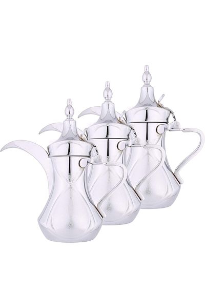 ALSAIF 3-piece Saif Dallah set with an elegant traditional design, ideal for preparing and serving Arabic coffee, chrome color