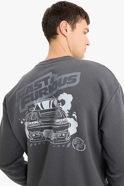 DeFacto Fast & Furious Boxy Fit Crew λαιμόκοψη με στάμπα χοντρό φούτερ E1115AX25SP