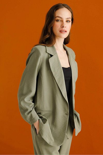 Desen Triko Women's Single Button Linen Jacket Khaki