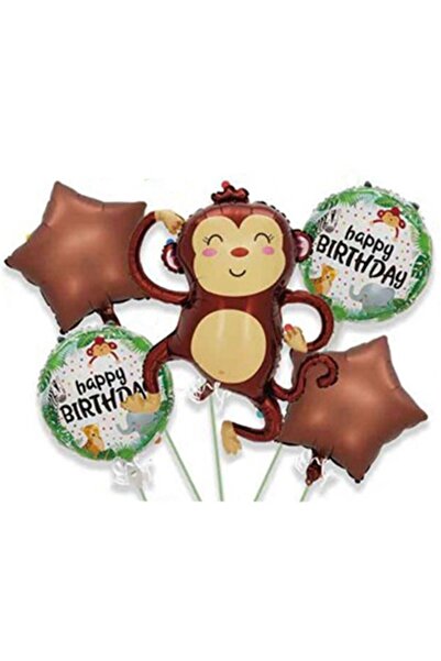 Flippy Set baloane folie La mulți ani, 5 buc (1 maimuță 85 x 89 cm, 2 stele, 2 rotunde), maro