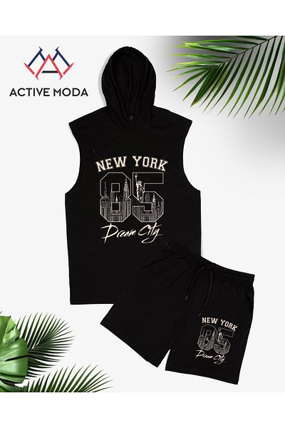ACTIVE MODA - Men's Ny Printed Sleeveless Sports Singlet-Shorts Set 2 Pieces Cotton Oversized Large Size
