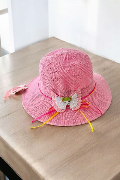 Minigimin Cicileri My Little One's Ciceras (6-12 Years) Butterfly Baby Detailed Straw Girl's Hat - Pink