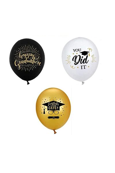 Flippy Baloane Pentru Absolvire Party, , Set 10 Baloane Din Latex, 23 Cm, Negru Auriu Alb