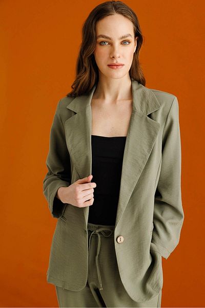 Desen Triko Women's Single Button Linen Jacket Khaki