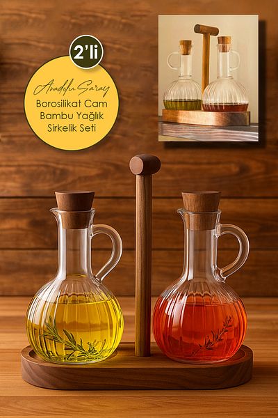 Anadolu Saray Set of 2 Borosilicate Glass Oil Pot with Acacia Wood Stand Oil Vinegar Vinegar Olive Oil Liquid Oil Bottle