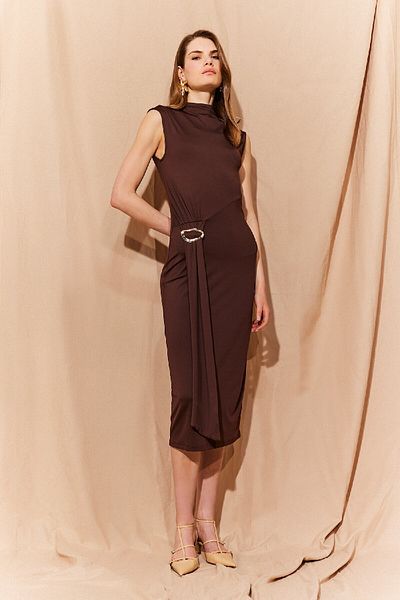 DeFacto Bodycon Bodycon Αγκαλιασμένο ζιβάγκο Basic ίσια πόρπη Αμάνικο Midi βραδινό φόρεμα E8947ax25sp