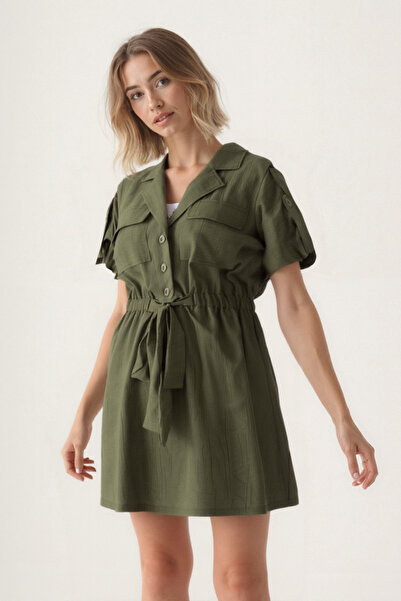 Vitrin Tie Waist Cover Pocket Short Sleeve Crinkle Fabric Dress