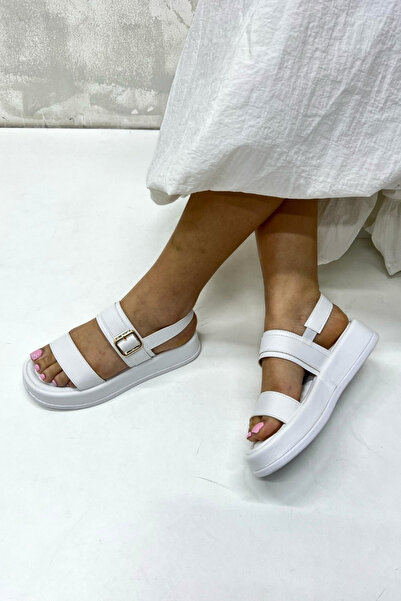 inizio White Thick Sole Buckle Women's Sandals Hm5001