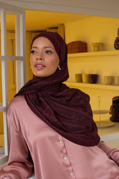 Butik Bordo Etnik Desen Pamuk İpek Şal