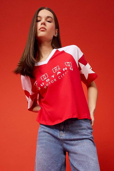 DeFacto Ford Motor Company Oversize T-Shirt Ii V-Neck Printed Short Sleeve