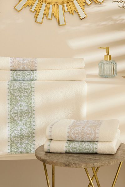 Karaca Home Cozy Bath Jacquard 100% Cotton 4 Piece Bath Set Green-Beige