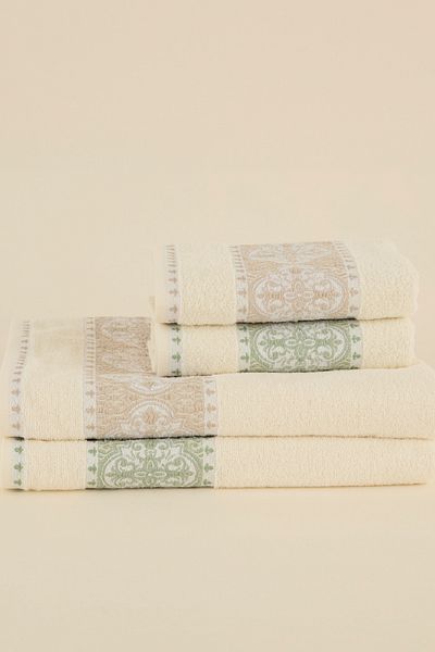 Karaca Home Cozy Bath Jacquard 100% Cotton 4 Piece Bath Set Green-Beige