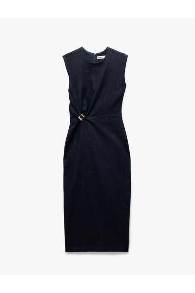 Koton Buckle Detailed Crew Neck Cotton Sleeveless Long Denim Dress