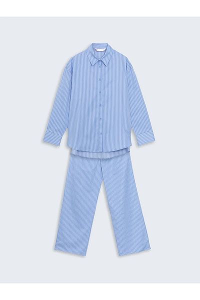 LC Waikiki Дамски пижамен комплект с райета и синя яка LCW DREAM