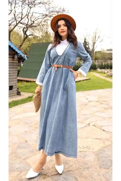 Cardella Premium Quality Belted Shirt Collar Denim Jeans Dress Hijab Compatible Jean Dress