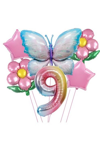 Flippy Baloane Aniversare Cifra 9, din folie de aluminiu 2 flori, 2 stelute, 1 fluture, 1 cifra, Multicolor