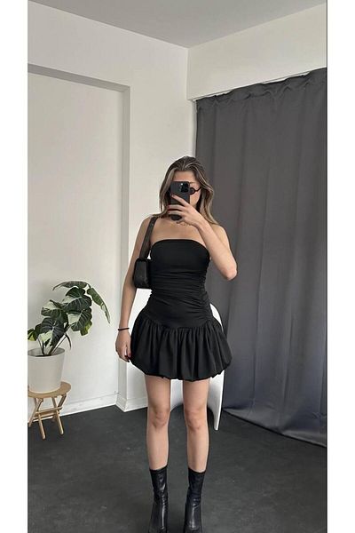 New Lune womenswear strapless black dress with gathered balloon skirt