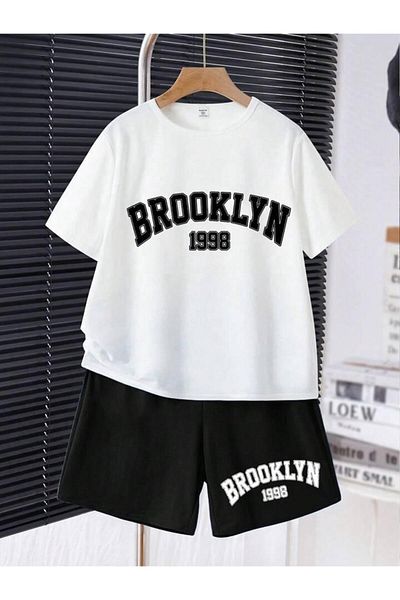 vinraus Girl\Boy White-Black Brooklyn 1988 Printed Shorts-Tshirt Set