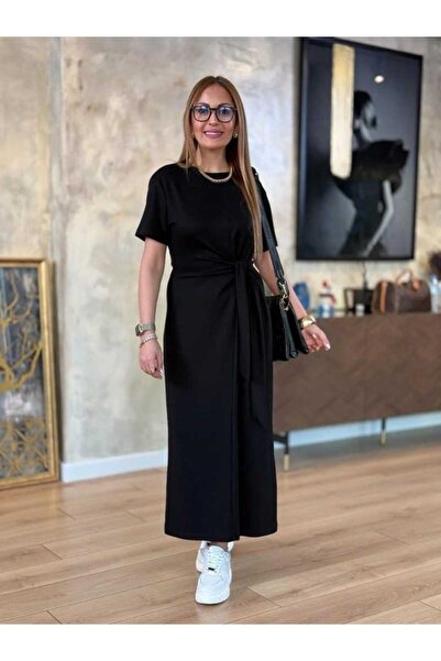 moda wanilia Women's Crew Neck Tie Detail Short Sleeve Long Dress