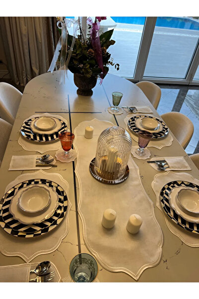 lizy's %100 Pamuk 6 Kişilik İnci Dikişli Amerikan Servis + Runner Takımı | 19...