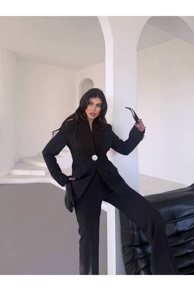 Bella Breeze Kadın Gold Kurabiye Düğmeli Blazer Ceket Palazzo Pantolon Takım Elbise