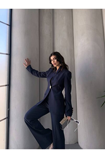 Bella Breeze Women's Gold Cookie Button Blazer Jacket Palazzo Pants Suit