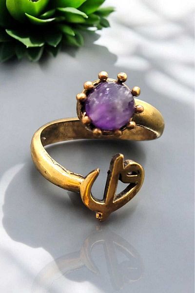 Öze Aksesuar Elif Vav Amethyst Natural Stone Ring Real Bronze Mineral Handwork Adjustable Size
