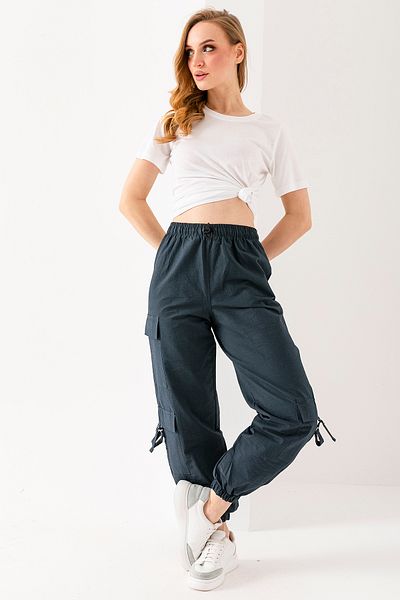 GİYSA Women's Adjustable Waist Cargo Pocket Parachute Pants Smoked - 925045