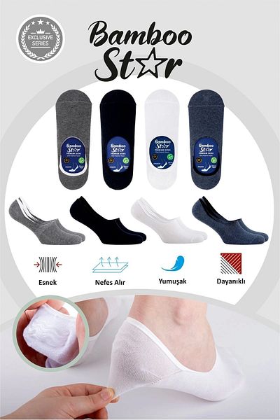 bamboo star Men's Ballerina Assortment Socks Seamless Invisible Anti-Slip Heel Silicone Premium Pack of 4