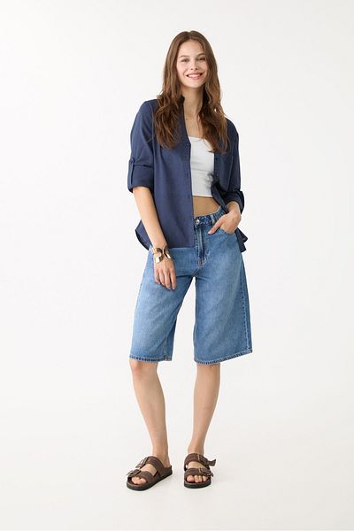 Stradivarius Loose Linen-blend Shirt With A Pocket