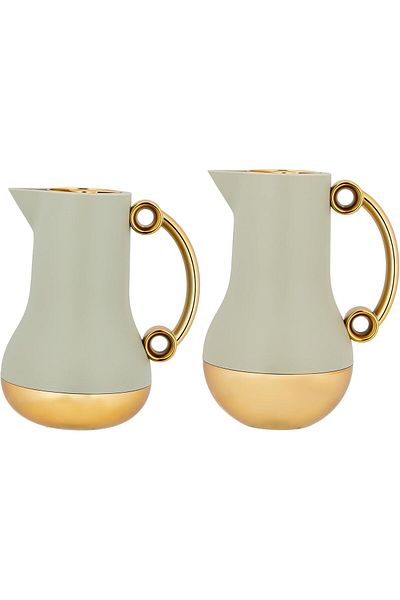 ALSAIF Coffee And Tea Vaccum Flask Set In Matt Green/gold / Leak-proof And Keeps Drinks Hot 1.0/0.7 Liter