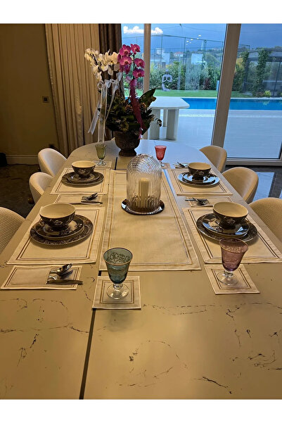 lizy's %100 Pamuk 6 Kişilik Gold & Silver Çerçeve Desenli Amerikan Servis + R...