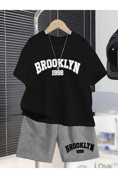 vinraus Girl\Boy's Black-Grey Brooklyn 1988 Printed Shorts-Tshirt Set
