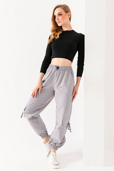 GİYSA Women's Adjustable Waist Cargo Pocket Parachute Pants Gray - 925045